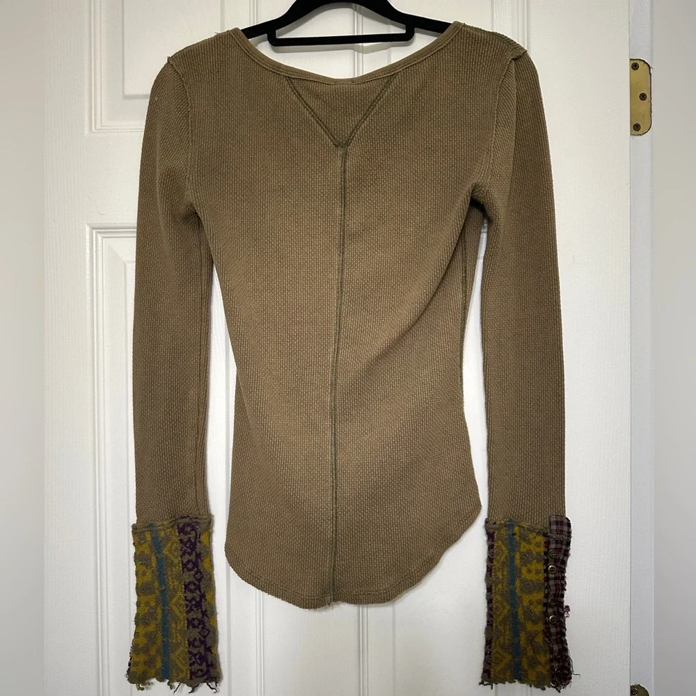 We The Free Olive Long Sleeve Waffle Thermal Top with Patterned Cuffs - Picture 3 of 5